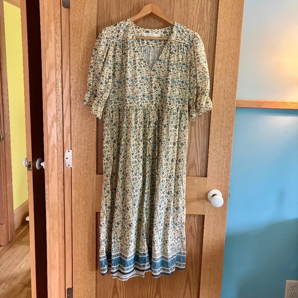 Christy Dawn Della Dress Size Medium White & Blue Cotton/Silk Blend Floral - Picture 2 of 8